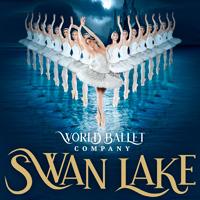 V shape of ballet dancers wearing white, "World Ballet Company presents, Swan Lake"