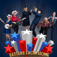 6 people playing music and singing, plain background with red white and blue stars above Letters from Home