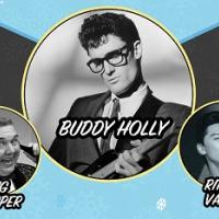 three photos, middle, Buddy Holly, left, Big Bopper, right, Richie Valens