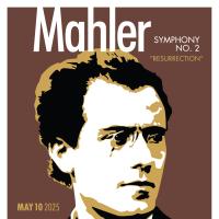 brown background with a black and white photo of Mahler, which is written across the top.