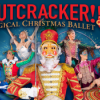 Nutcracker written in red along the top, several people dressed up for the performance with the main being a Nutcracker