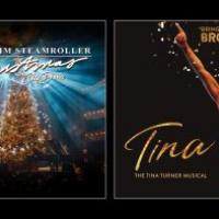 Two images next to each other, christmas tree Mannheim Steamroller Christmas, woman pointing mic Tina The Tina Turner Musical