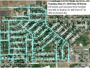 Map showing the street sweeping schedule for May 27: roads from Smelter Ave NW to Skyline Dr NW, from 6th St. NW to Division Rd