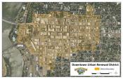 A map with a yellow highlighted section showing where the Downtown Urban Renewal District is in Great Falls