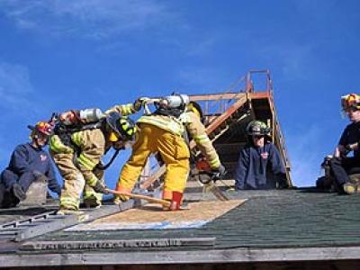 Firefighters training on roof prop