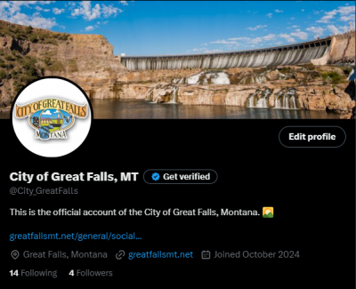 A screenshot of the City of Great Fall's X page showing the City's logo and one of the waterfalls in town. 