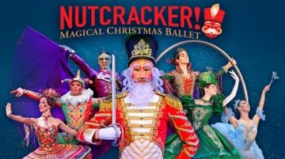 seven ballet dancers with a Nutcracker front and center "Nutcracker, Magical Christmas Ballet"