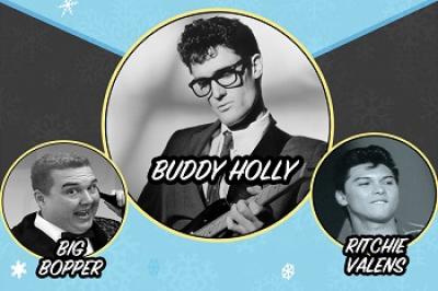three photos, middle, Buddy Holly, left, Big Bopper, right, Richie Valens