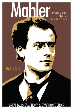 brown background with a black and white photo of Mahler, which is written across the top.