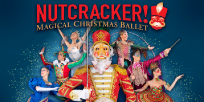 Nutcracker written in red along the top, several people dressed up for the performance with the main being a Nutcracker