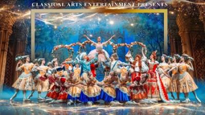 "Classical Arts Entertainment Presents" male and female ballerinas gathered in the middle of a stage