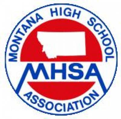 Round logo with MHSA under the outline of MT. Montana High School Association around the outside.