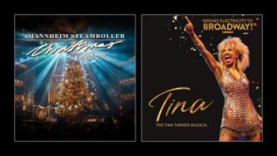 Two images next to each other, christmas tree Mannheim Steamroller Christmas, woman pointing mic Tina The Tina Turner Musical