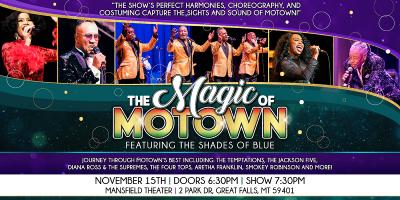 5 images of performers at the top, "MAGIC OF MOTOWN feature the Shade of Blue"