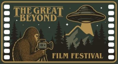"The Great Beyond Film Festival" sasquatch holding a camera filming a U.F.O. landing on a mountain