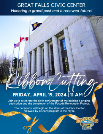 Photo of the Civic Center with invitation text for the Ribbon Cutting on 4/19/24 at 11 am at the Civic Center
