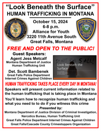 Flyer showing a "Human Trafficking In Montana" event is being held on October 15, 2024 at 6pm and 3320 11th Avenue South.