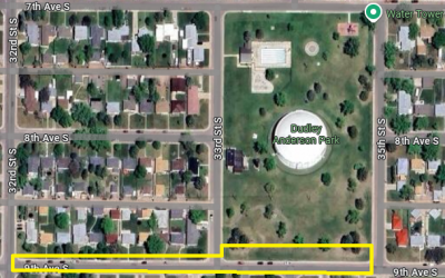 A map showing the draining will affect 9th Ave. S along Dudley Anderson Park. 